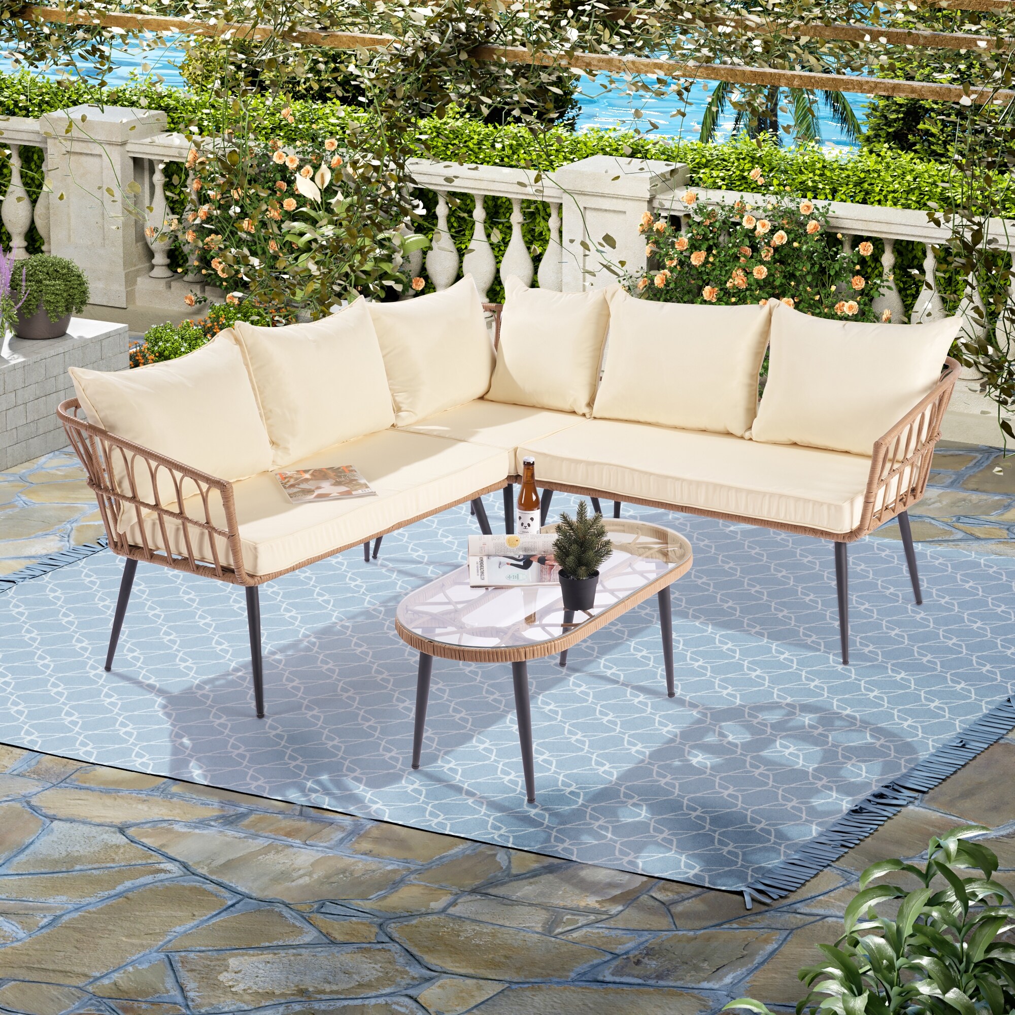 4 Pieces Patio Furniture Set， Outdoor Rattan Conversation Sectional L-Shaped Cushions Sofa with 5 Seater and Coffee Table - Overstock - 37928679