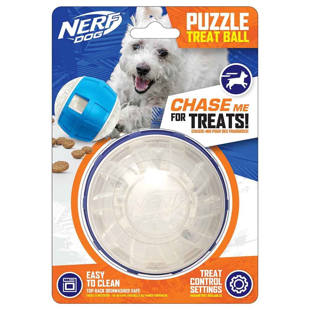 Nerf Dog Puzzle Treat Ball 3.5” Slow Feeder Dog Toy for Small and Medium Dogs， Clear and Blue