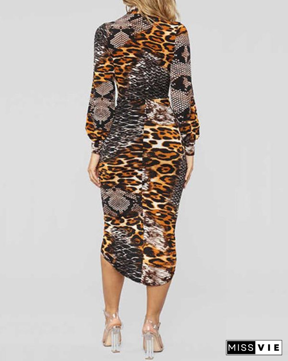 Deep V Leopard Print Long Sleeve Dress