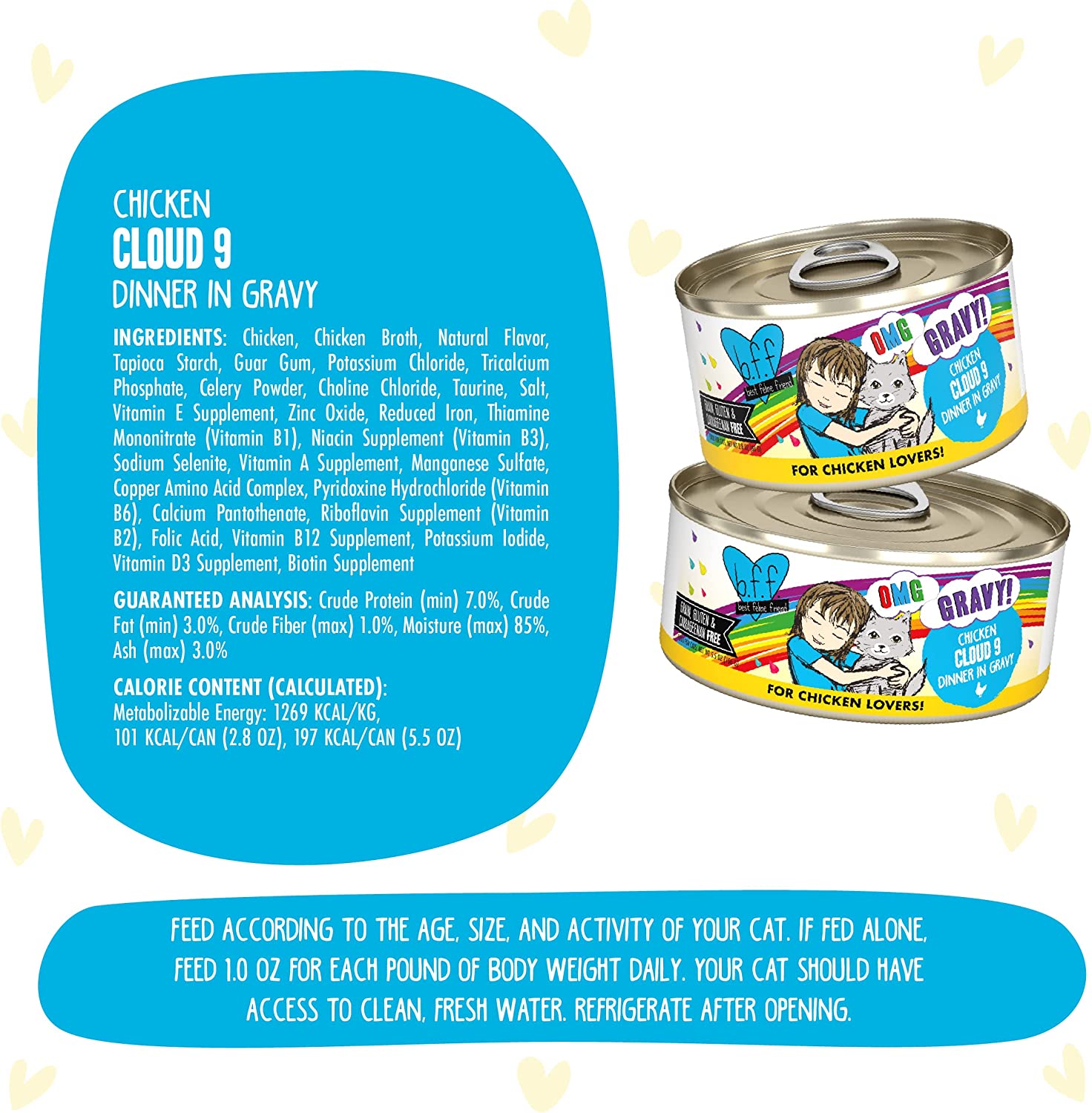 Weruva Wet Cat Food B.F.F. OMG - Best Feline Friend Oh My Gravy!， Chicken Cloud 9 with Chicken in Gravy， 5.5oz Can (Pack of 8)