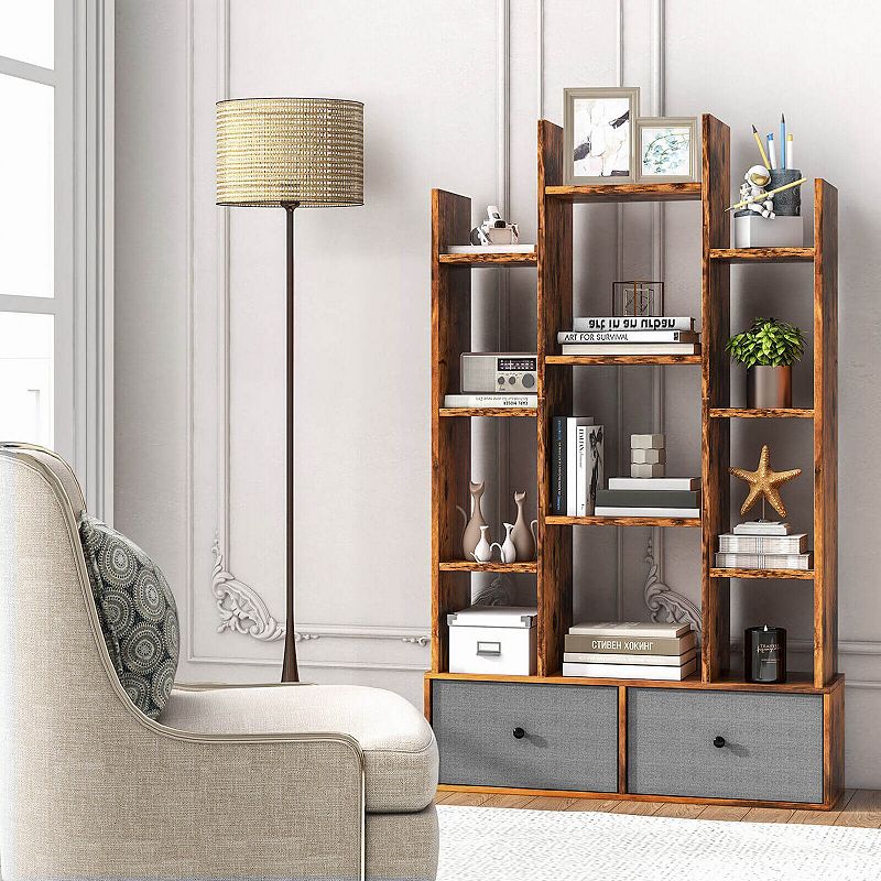 12-Tier Open-Back Freestanding Bookshelf with Drawer-Rustic Brown