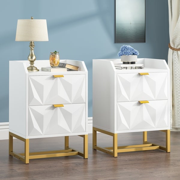 Set of 2 white 2 drawers nightstand， beside end table for living room