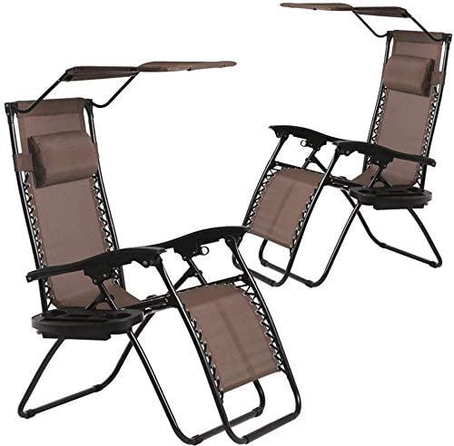 YRLLENSDAN Zero Gravity Chair Set of 2 with Canopy Cup Holder and Cushions, 250lbs Capacity Folding Outdoor Lounge Chairs Camping Chairs for Adult Lawn Chairs Recliner Chair Patio Chairs, Brown