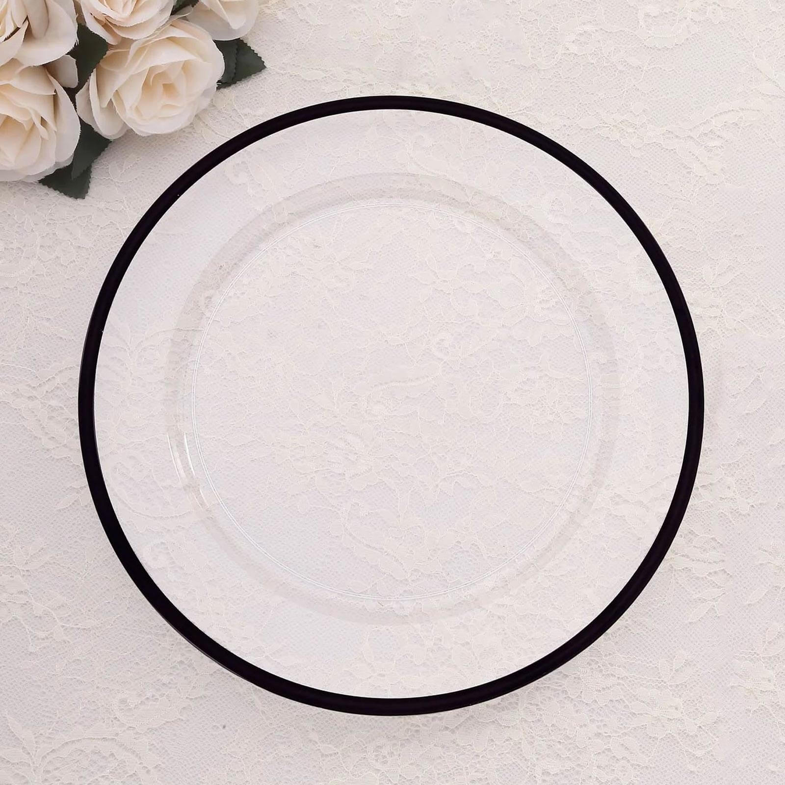 10 Pack Clear Economy Plastic Charger Plates With Black Rim, Round Dinner Chargers Event Tabletop Decor - 12