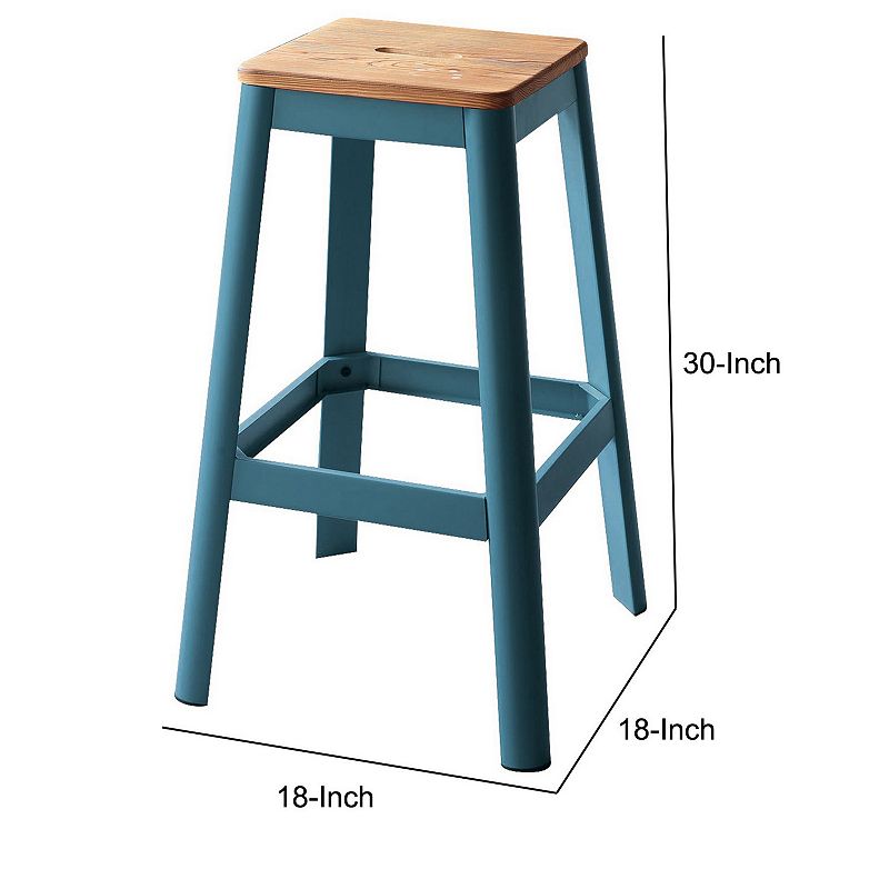 Industrial Style Metal Frame and Wooden Bar Stool， Brown and Blue