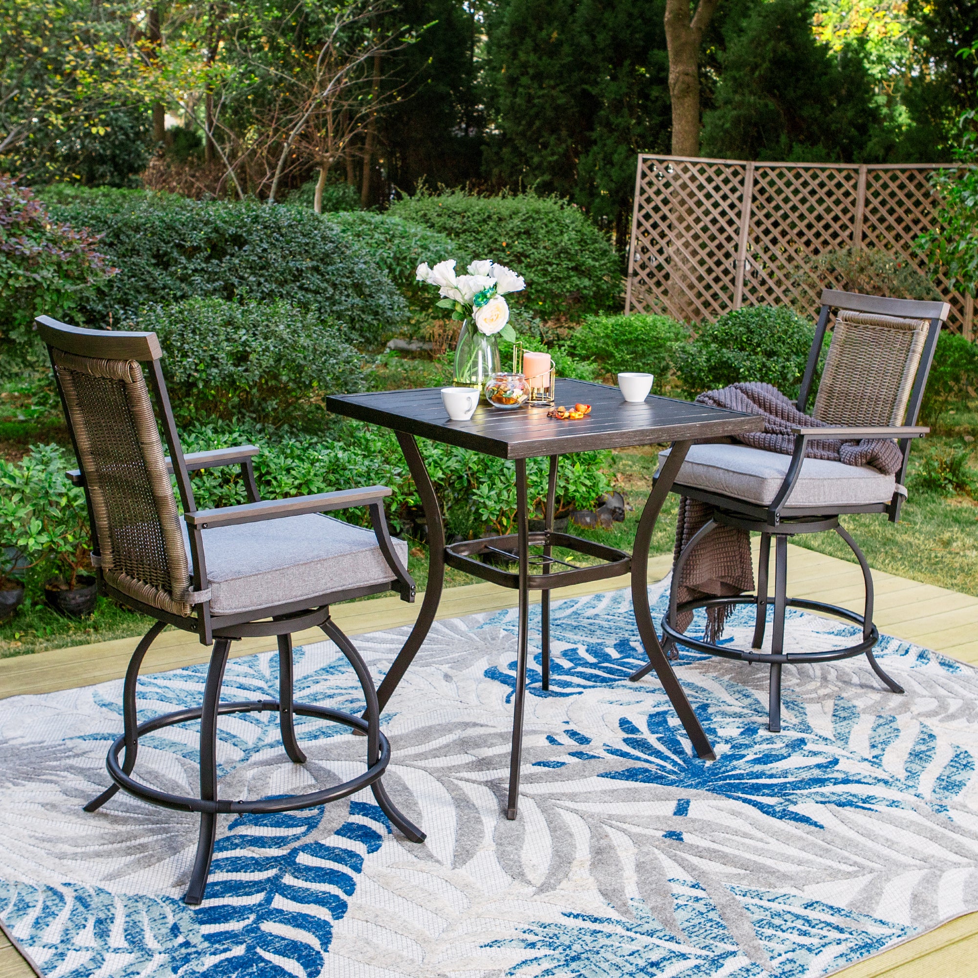 Sophia and William 3 Pieces Swivel Bar Set Rattan Backrest and Padded Cushion Bar Chair and Square Metal Table