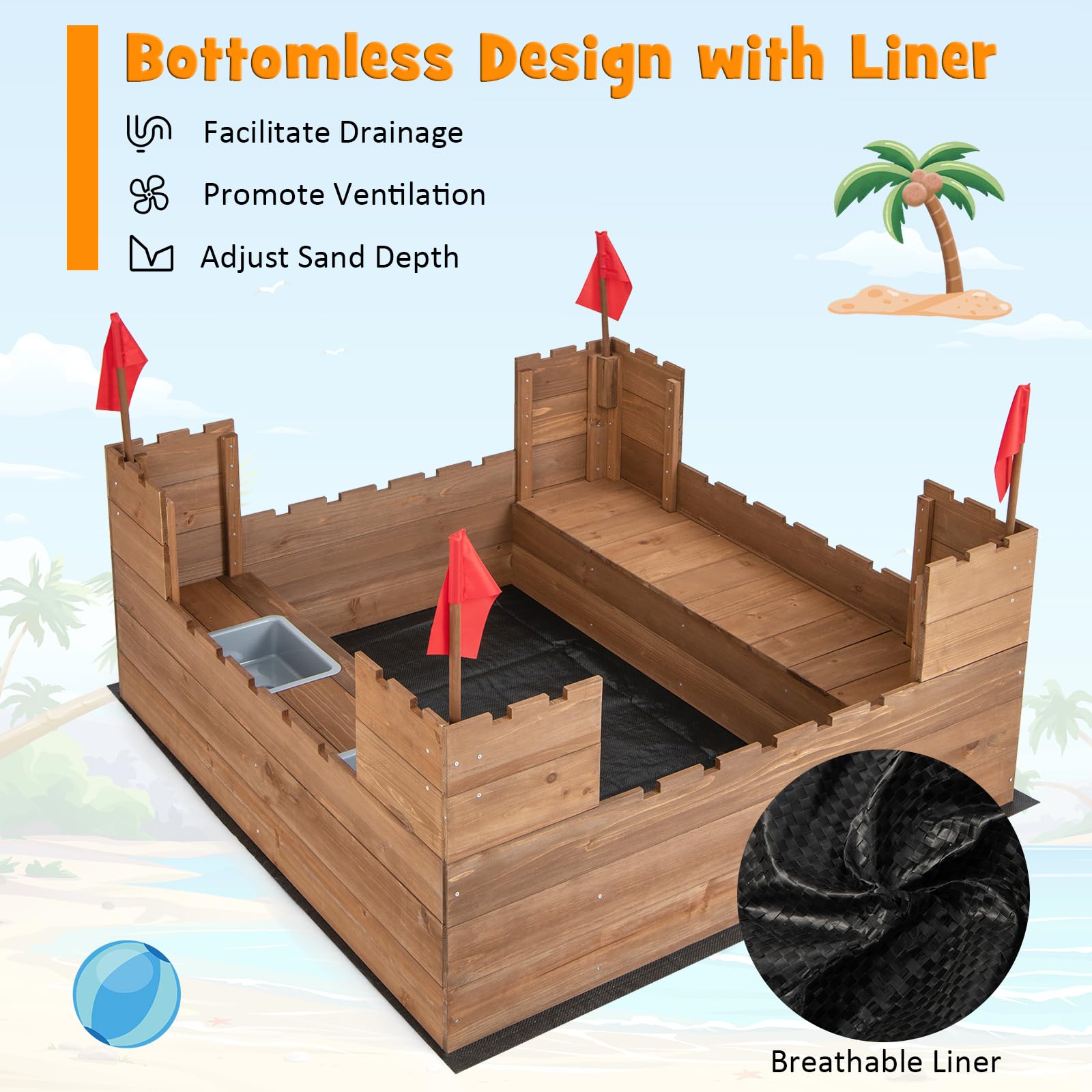 Costzon Cedar Wood Sandbox, Outdoor Sandpit w/Built-in Bench Seats