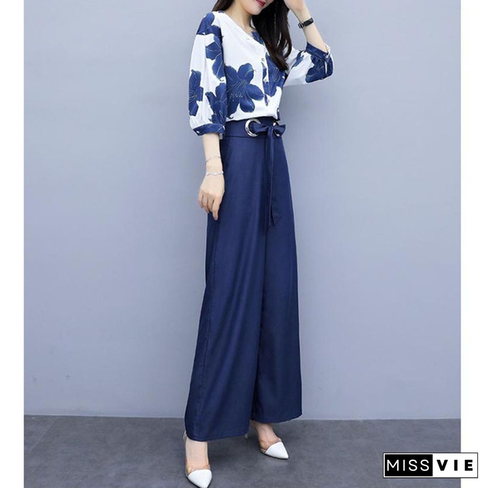 Spring Summer Chiffon Floral Print Two Piece Sets Women Blouses And Wide Leg Pants Suits Elegant Fashion Office Ladies Outfits