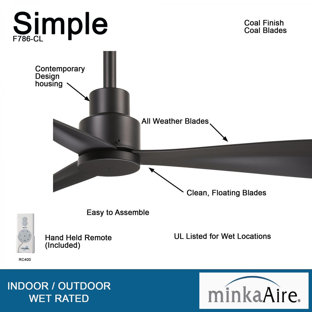 Minka-Aire Simple 44-Inch 3-Blade Ceiling Fan in Coal Finish W/ Coal Blades