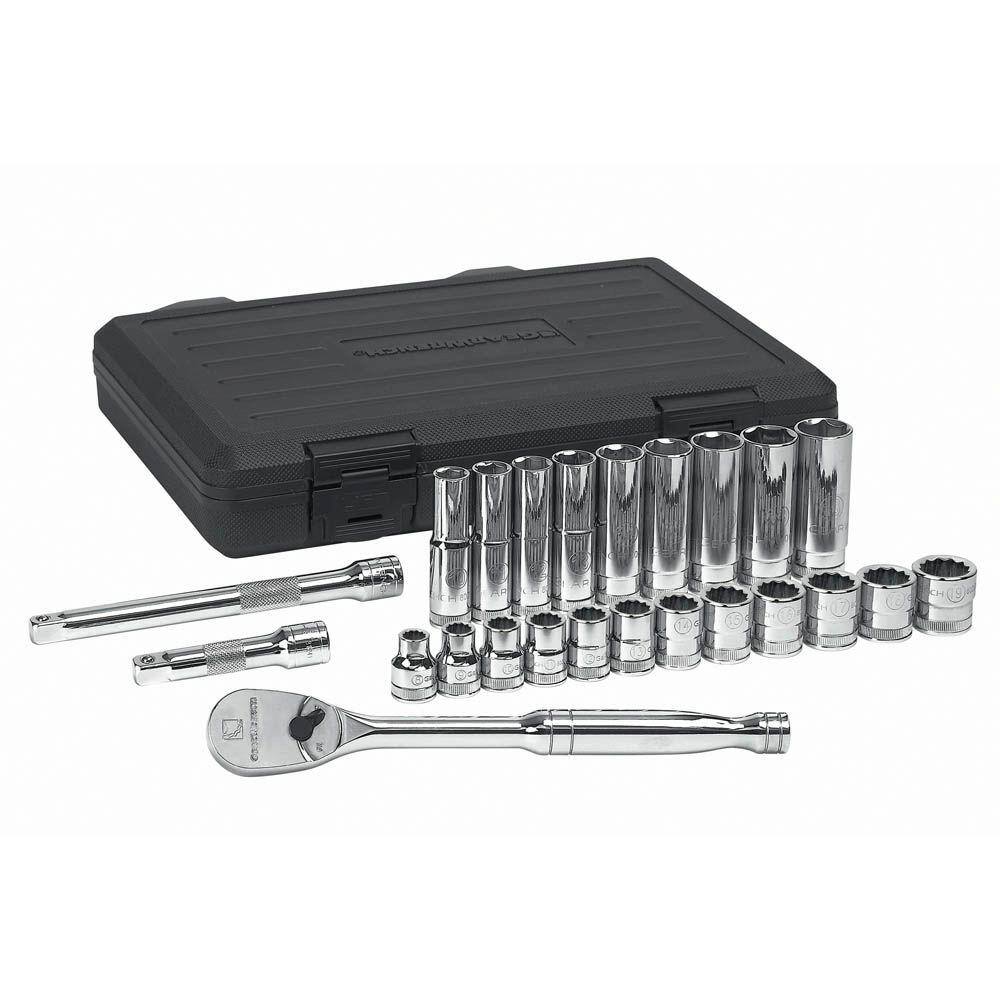 GEARWRENCH 38 in. Drive 6-Point Deep  12-Point Standard Metric 90-Tooth Ratchet and Socket Mechanics Tool Set (24-Piece) 80559