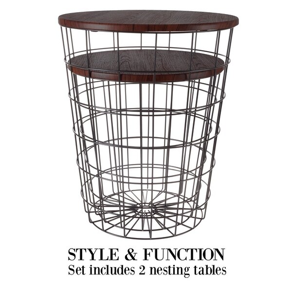 Nesting End Tables with Storage - Set of 2 Convertible Round Metal Storage Basket Base with Veneer Top (Cherry)