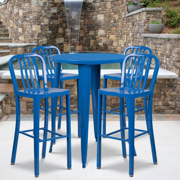 Flash Furniture 30'' Round Blue Metal Indoor-Outdoor Bar Table Set with 4 Vertical Slat Back Barstools