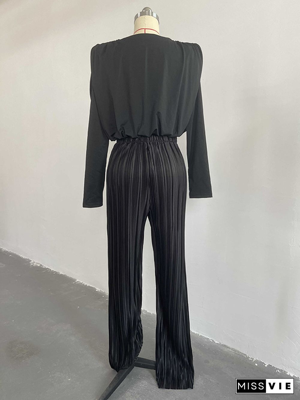 Long Sleeves Elasticity Pleated Solid Color Round-Neck Shirts Top + High Waisted Pants Bottom Two Pieces Set