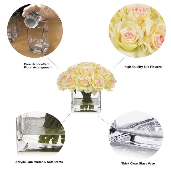 Enova Home Artificial Silk Rose Flowers in Cube Glass Vase with Faux Water for Home Office Decoration