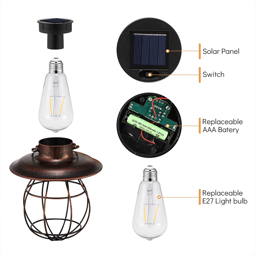 Solar Lantern Metal Hanging Solar Lights Retro Design with Warm Light Edison Bulb for Patio Garden