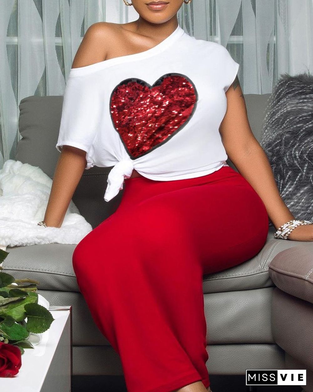 Heart Pattern Sequins T-shirt & Maxi Skirt Set