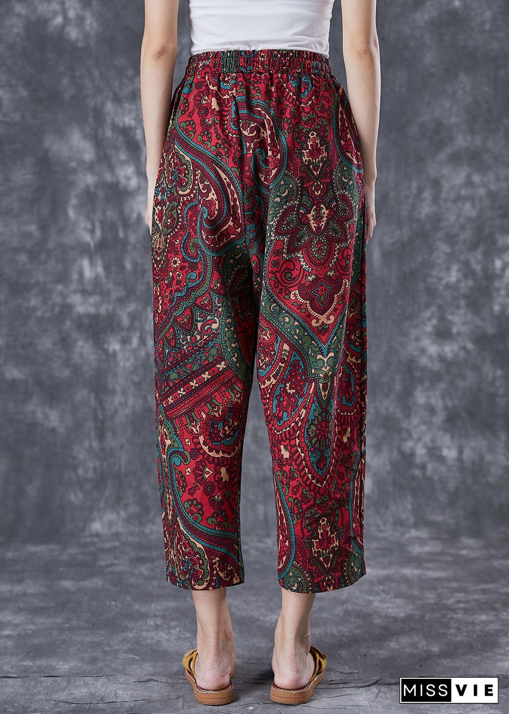 Casual Red Oversized Pockets Print Linen Pants Trousers Summer