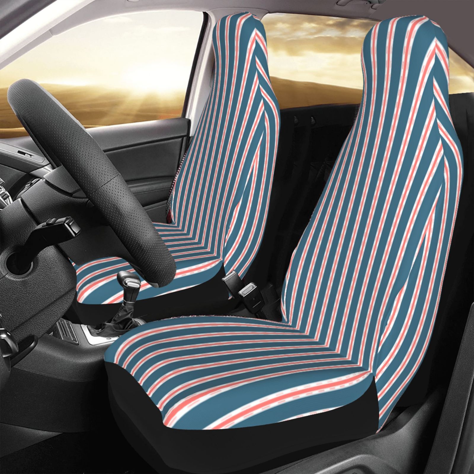 TEQUAN Front Seat Covers， Simple Blue Pink Stripes Pattern 2 Piece Car Seat Cover Fit Most Car SUV Truck Van