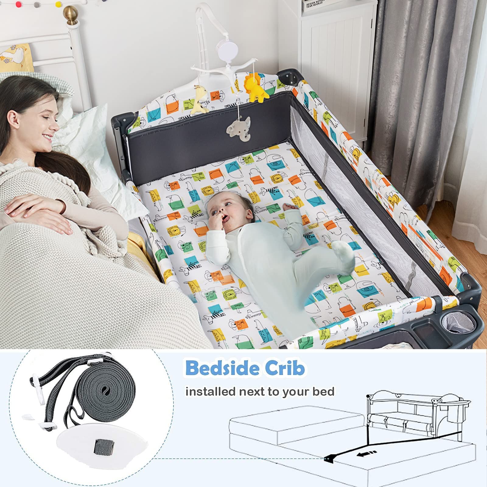 BABY JOY 5-in-1 Pack and Play, Baby Bedside Sleeper with Bassinet