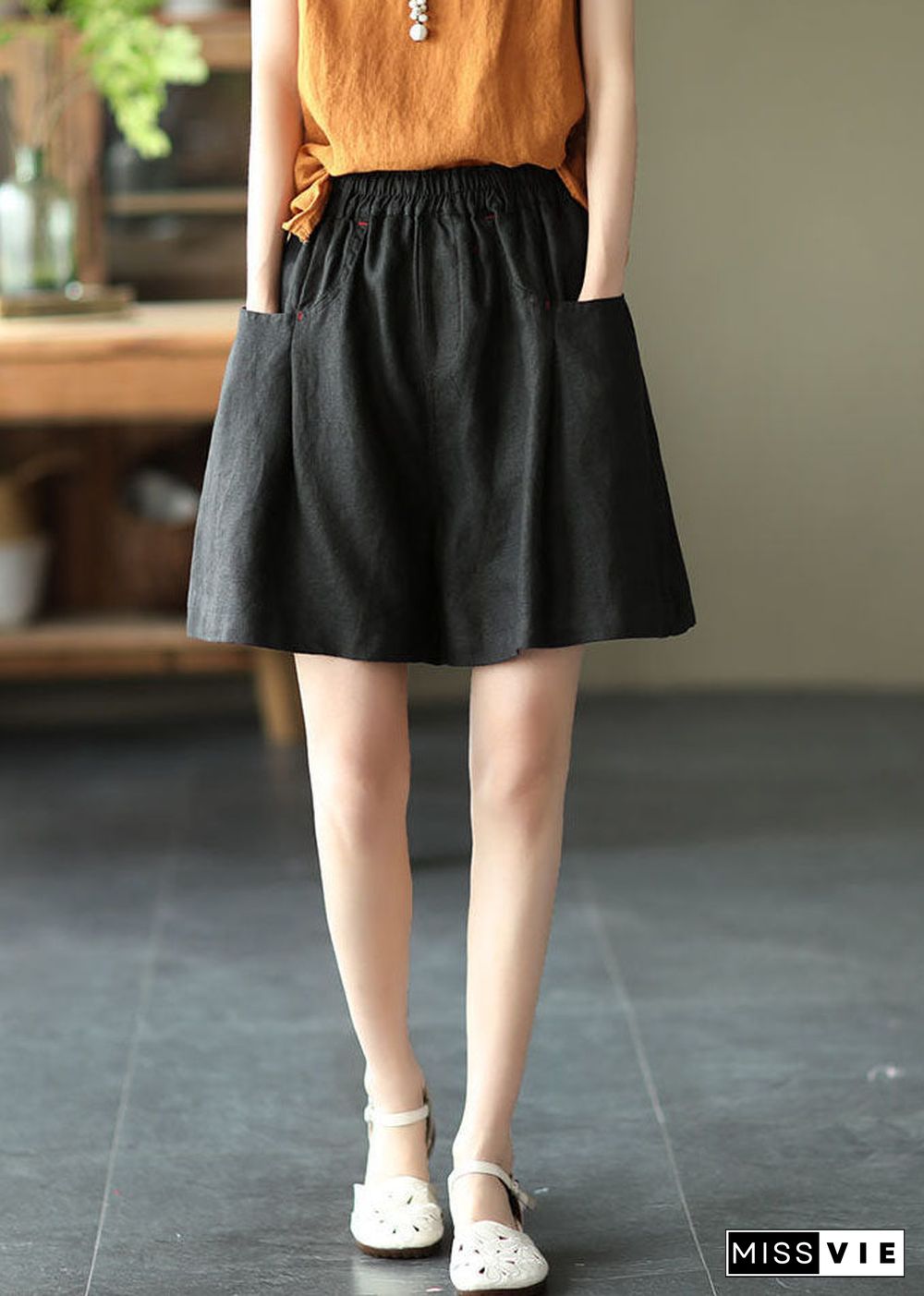 Casual Solid Black Elastic Waist Linen Shorts Trousers Summer