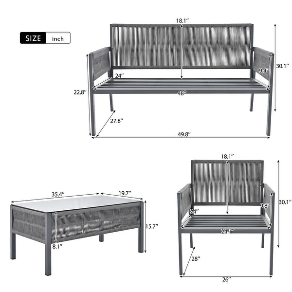 4Piece Rope Patio Furniture Set，Outdoor Conversation Chairs Set