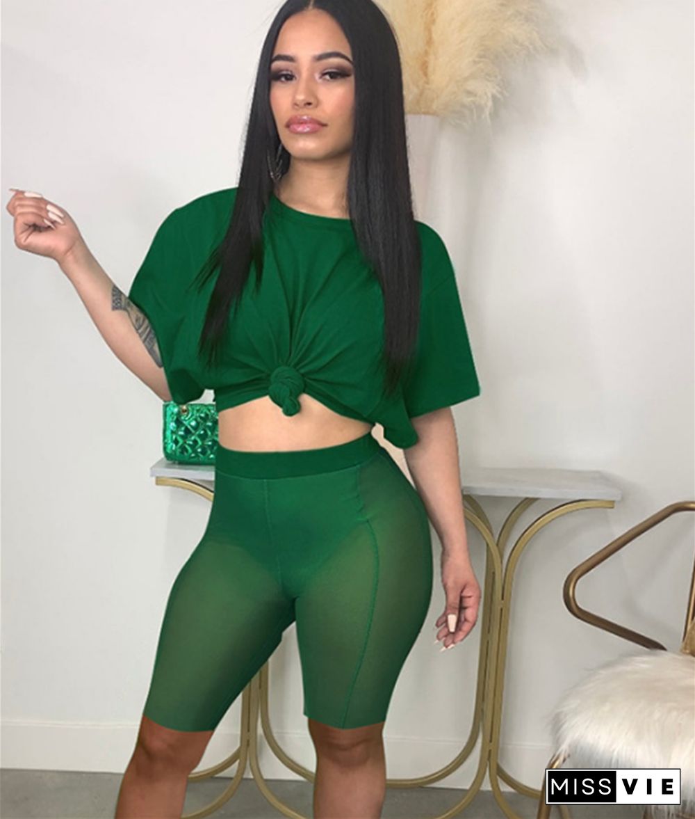 Solid Short Sleeve T-Shirt Sheer Mesh Shorts Tracksuit