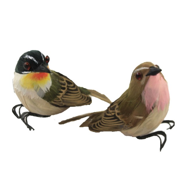 Home Decor Feather Birds Brown Green Two Bird Figurines 3 25 Inches Chirp Song 55157 55158 Styrofoam Multicolored