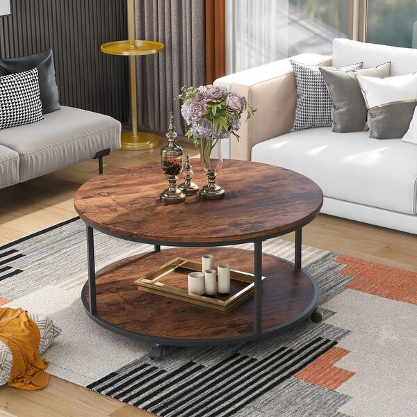 Wooden 2-tier Round Coffee Table with Caster Wheels