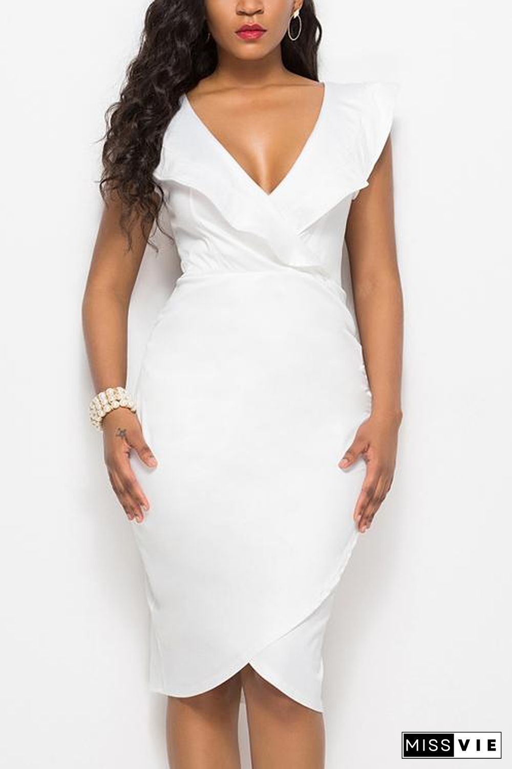 Ruched Ruffles V Neck Slit Bodycon Dress