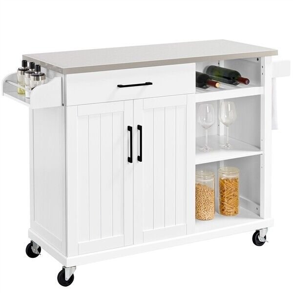 Kitchen Island Cart on Wheels with Stainless Top and Drawers and Towel Rack， White