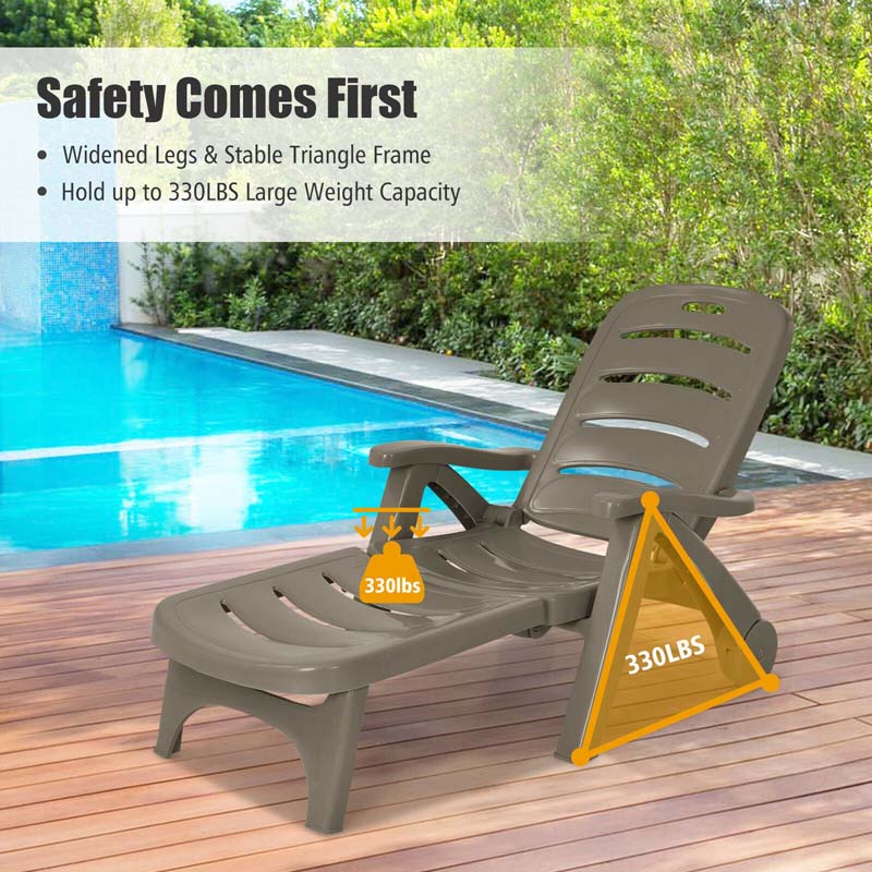 Rolling Folding Plastic Pool Lounge Chair with Armrests, 5-Position Outdoor Sun Lounger Patio Deck Chair Beach Chair