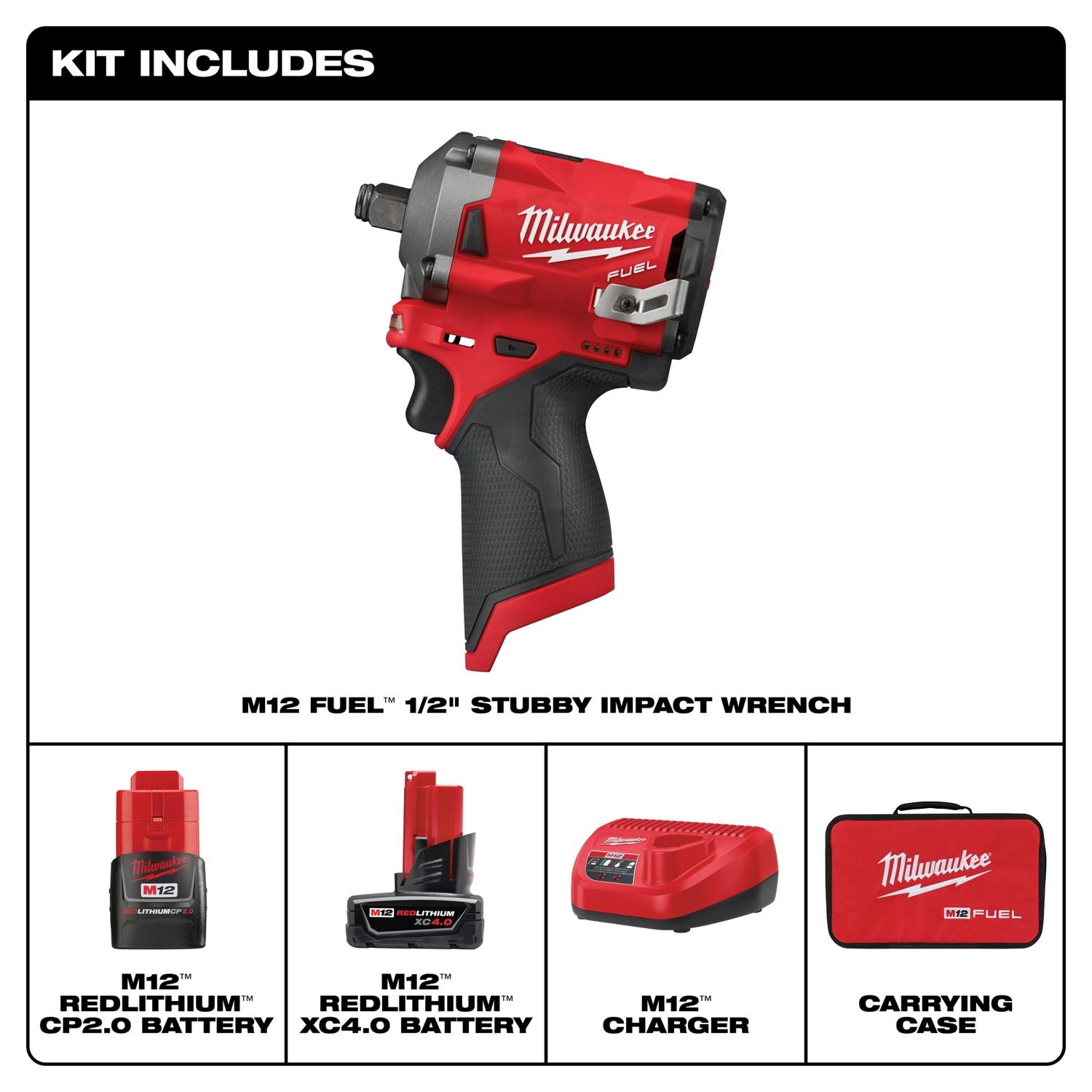 MW M12 FUEL 12 V 1/2 in. Cordless Brushless Stubby Impact Wrench Kit (Battery \u0026 Charger)