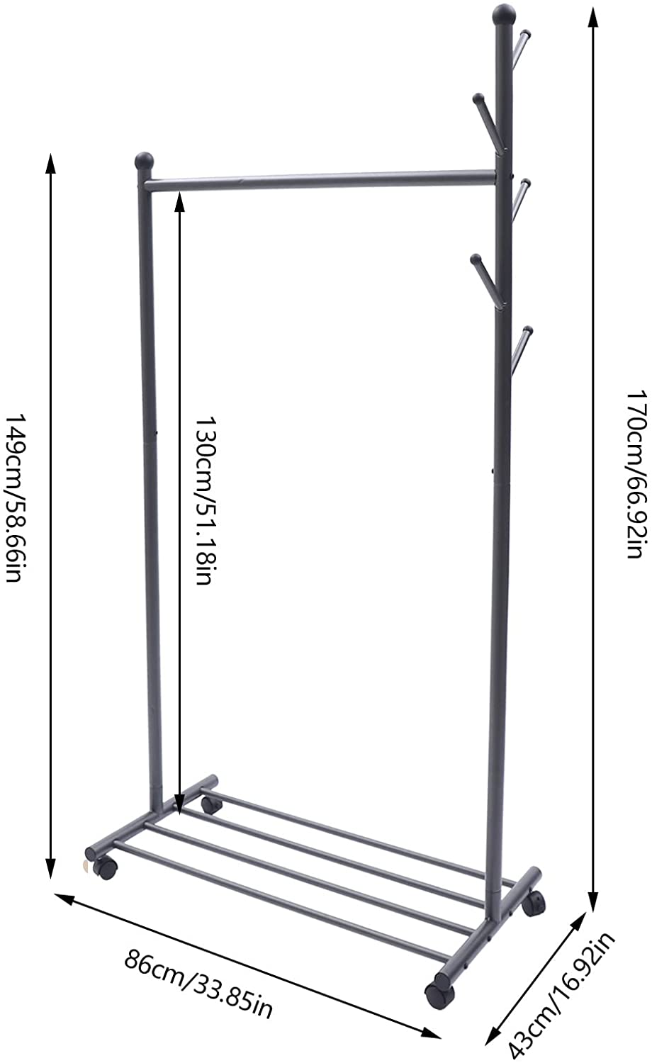 Flkoendmall Clothes and Hat Rack Movable Garment Hanger+ Shoes Shelf+HatandBags Hanging Hooks Gray