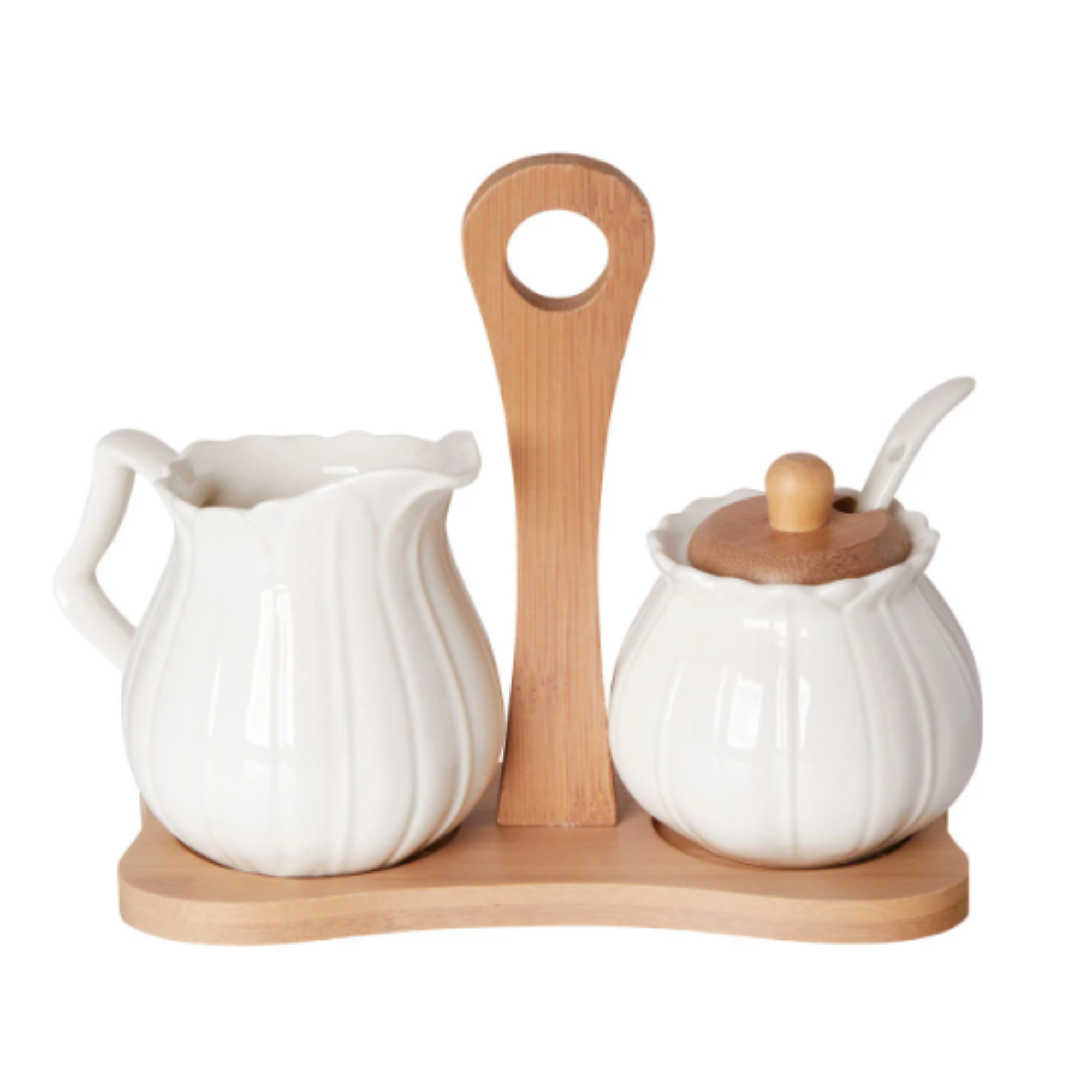 Debora Carlucci White Porcelain Sugar And Creamer Set On Bamboo Base