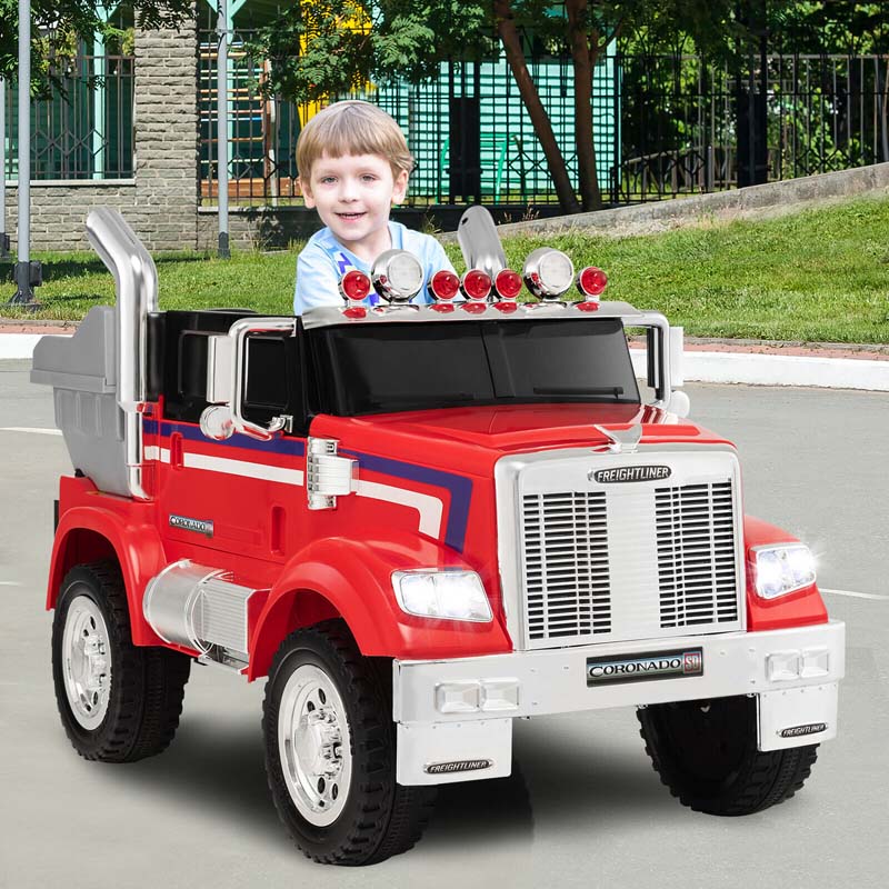 12V Licensed Freightliner Kids Ride On Truck, Battery Powered Trailer RC Riding Toy Car with Dump Box & Lights