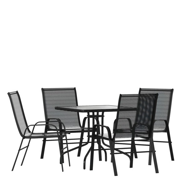 Flash Furniture 5 Piece Outdoor Patio Dining Set Tempered Glass Patio Table 4 Flex Comfort Stack Chairs