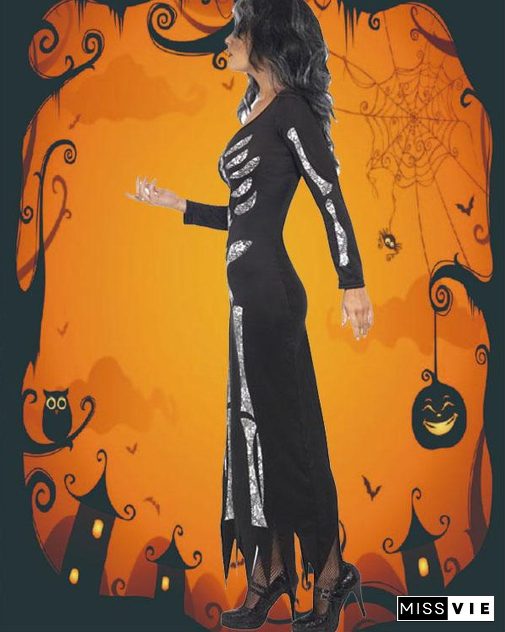 Halloween Skeleton Printed Irregular Hem Casual Dress