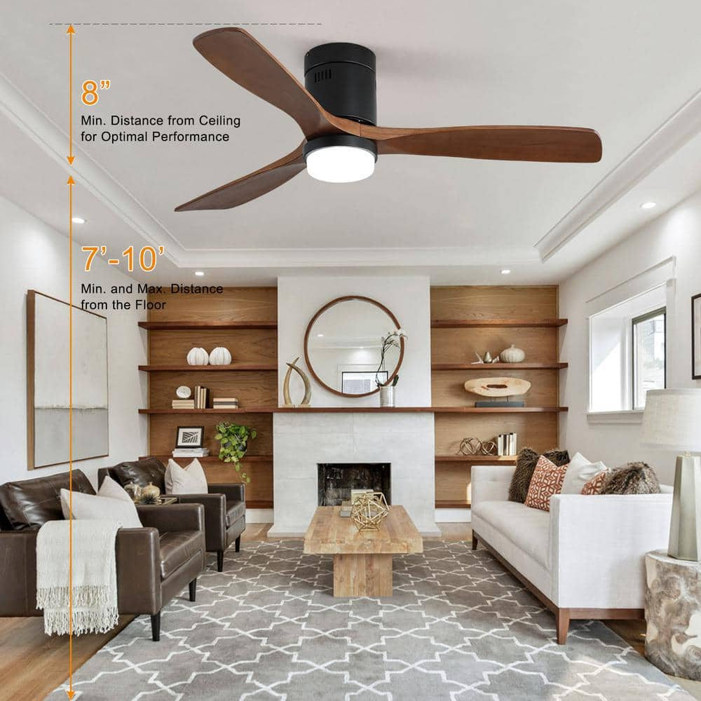 Sofucor 52 in. LED IndoorOutdoor Flush Mount Smart Matte Black Ceiling Fan with Wood Blades 6-Speed DC Remote Control ZSKBKN220209010