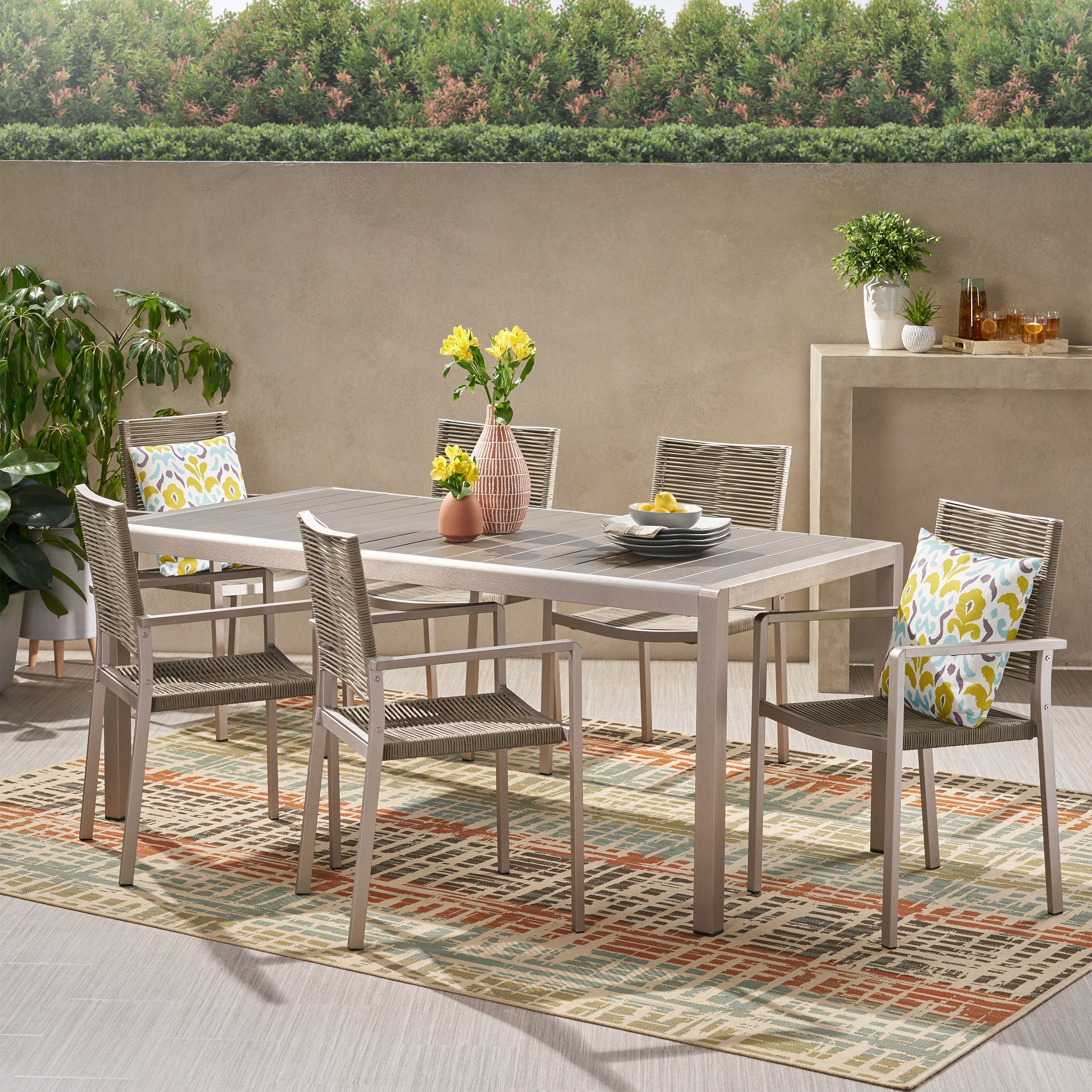 Makyla Outdoor Modern 6 Seater Aluminum Dining Set with Faux Wood Table Top