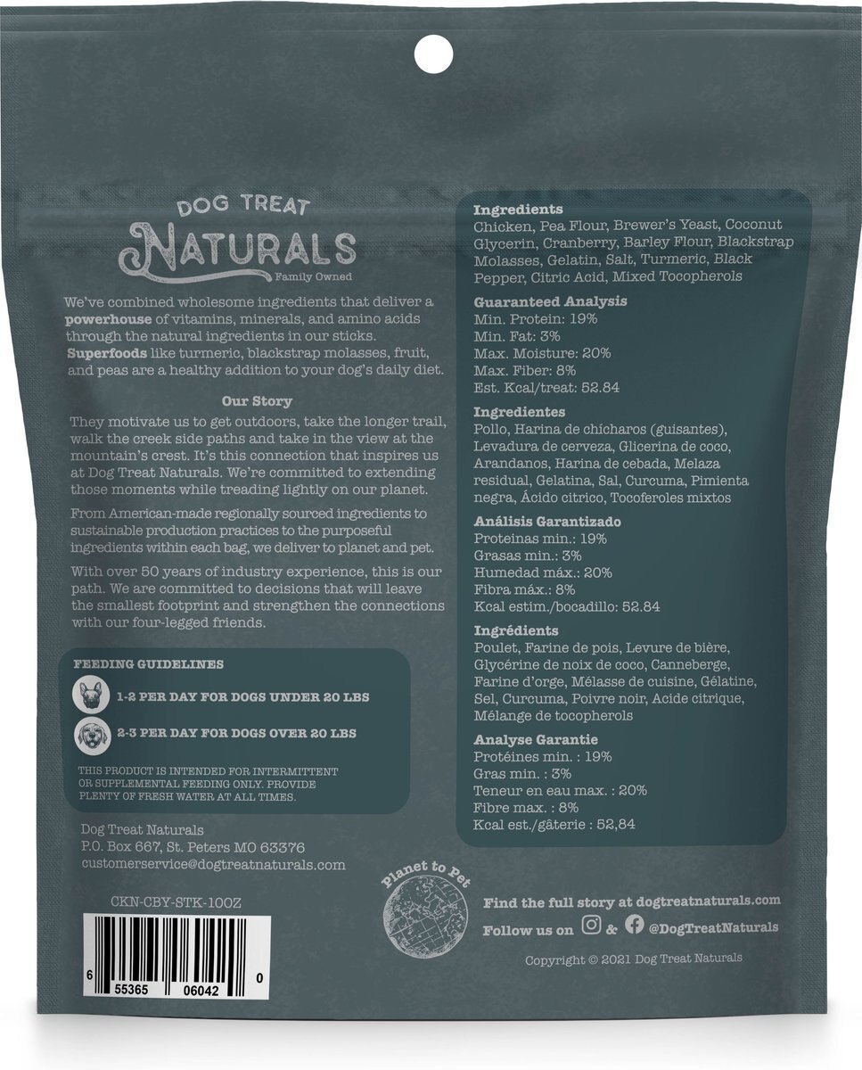 Dog Treat Naturals Chicken and Cranberry Superfood Fresh All Stages Natural Chews Sticks Dog Treats， 10-oz bag