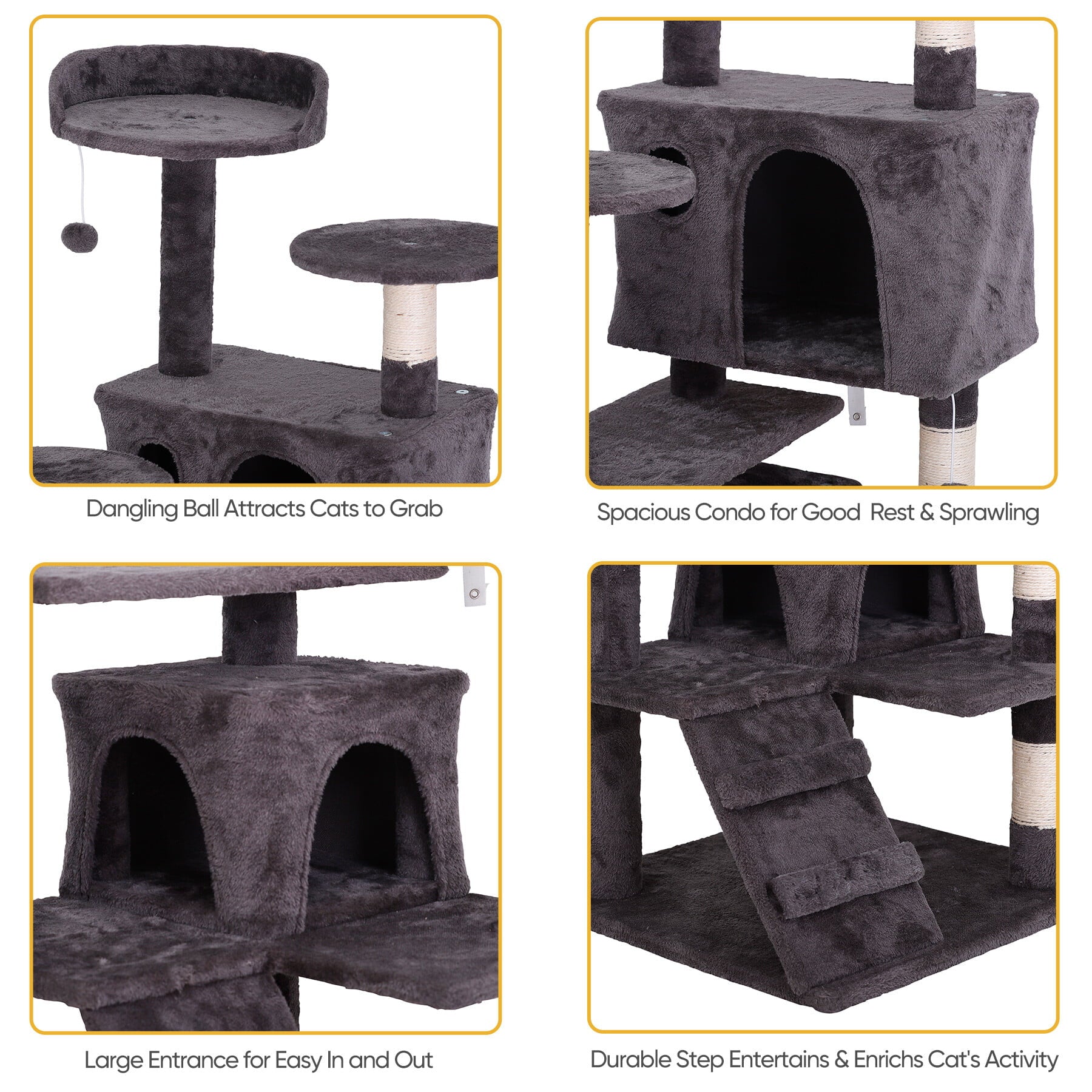 HomGarden 55''H Multi-Level Cat Tree Condo W/Scratching Post Tower and Perch， Play House Dark Gray