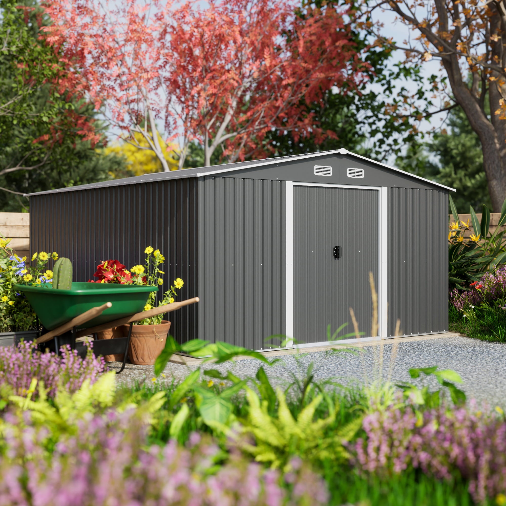 LZBEITEM 11 x 13 ft. Outdoor Metal Storage Shed，Galvanized Steel Garden Shed，Metal Garden Tool Shed with Double Lockable Sliding Doors for Backyard Patio Lawn,Black