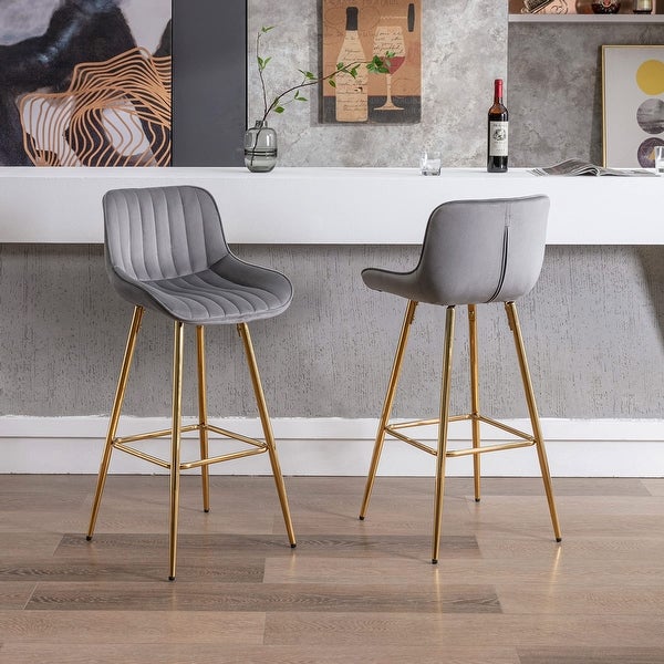 30 inches Bar Stools Set of 2， Velvet Bar Height Stools with Golden Base， Modern Counter Height Chair with Footrest (Gray)