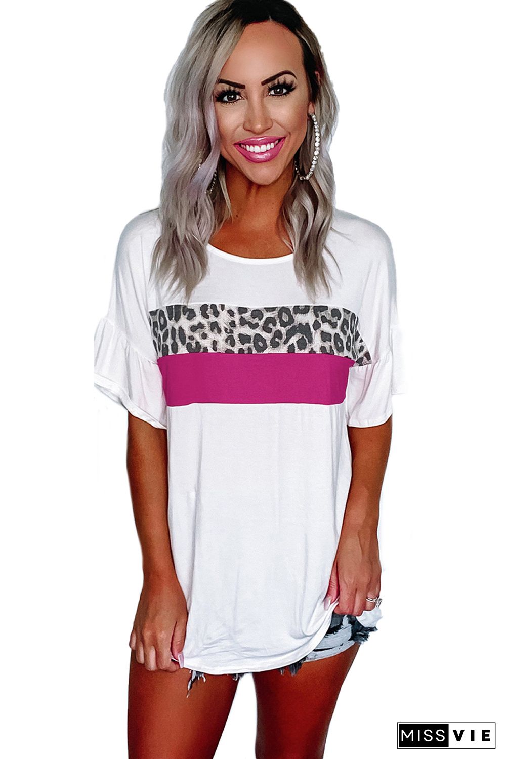 White Leopard Color Block Short Sleeve Tee