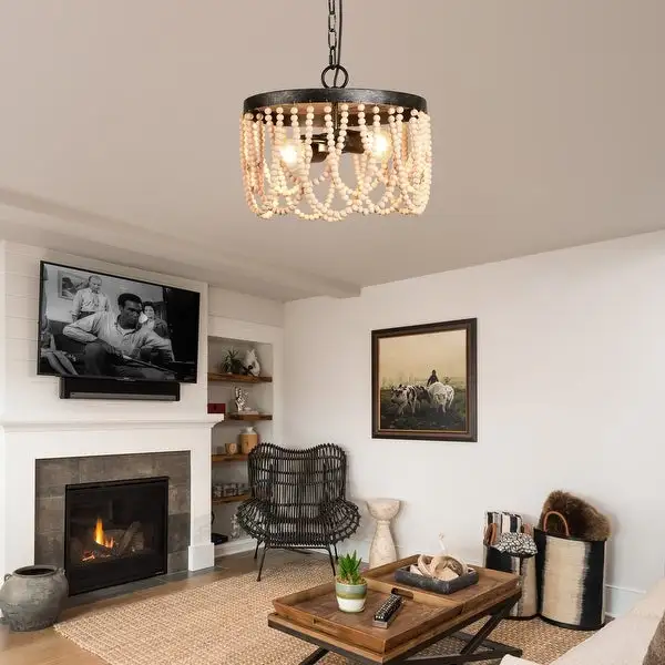 Oaks Aura Mid-Century Bohemia 2-Light Pendant Island Light， Farmhouse Wood Bead Rustic Chandelier Shopping - The Best Deals on Chandeliers