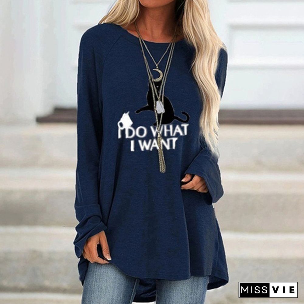 New Women Autumn and Winter Clothes Casual Printed Round Neck Long Sleeves Tunic T-Shirt Loose Cotton Pullover Blouse Plus Size XS-8XL