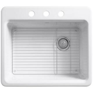 KOHLER Riverby Drop-In Cast-Iron 25 in. 3-Hole Single Basin Kitchen Sink Kit with Basin Rack in White K-5872-3A1-0