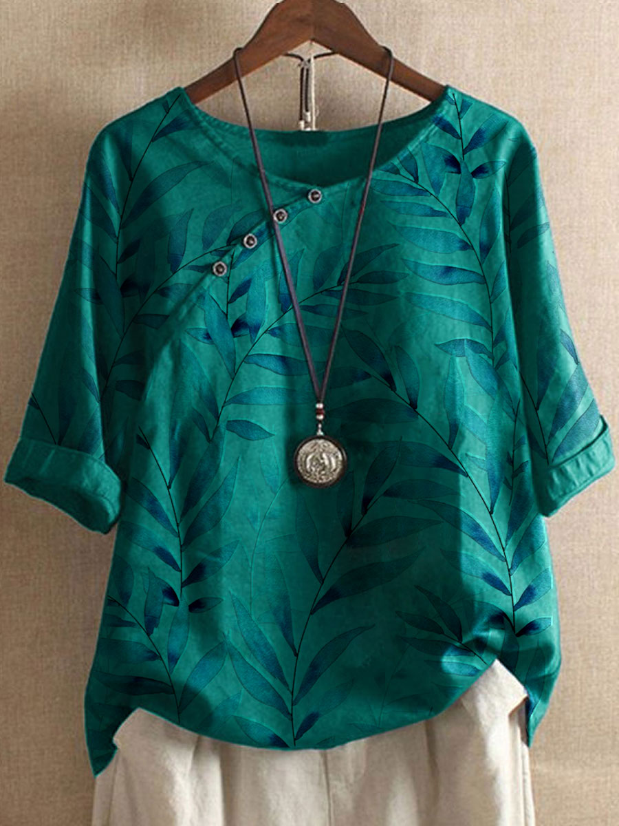 Round Neck Cotton And Linen Leaf Print Blouse