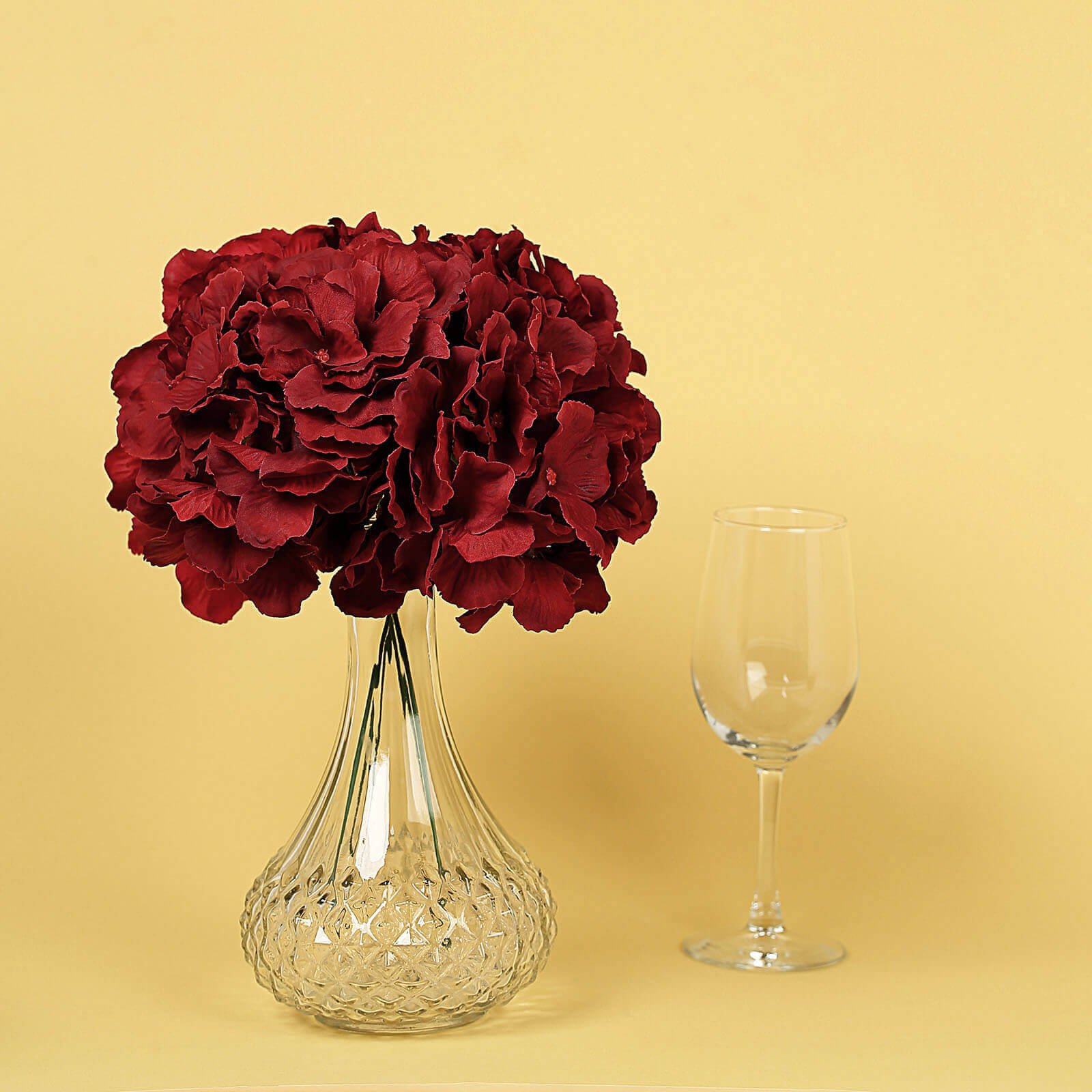 10 Flower Head and Stems Burgundy Artificial Satin Hydrangeas, DIY Arrangement