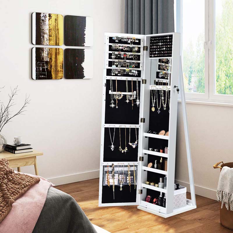 Full-Length Mirror Standing Jewelry Armoire with Inside Makeup Mirror, 2-in-1 Lockable Jewelry Cabinet Organizer